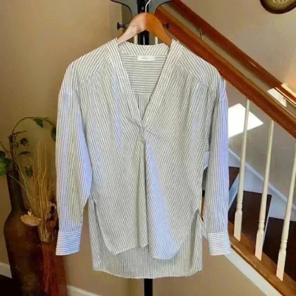 A.L.C. Silk & Cotton Blend Striped Blouse in White and Charcoal Size 2 - Picture 3 of 15